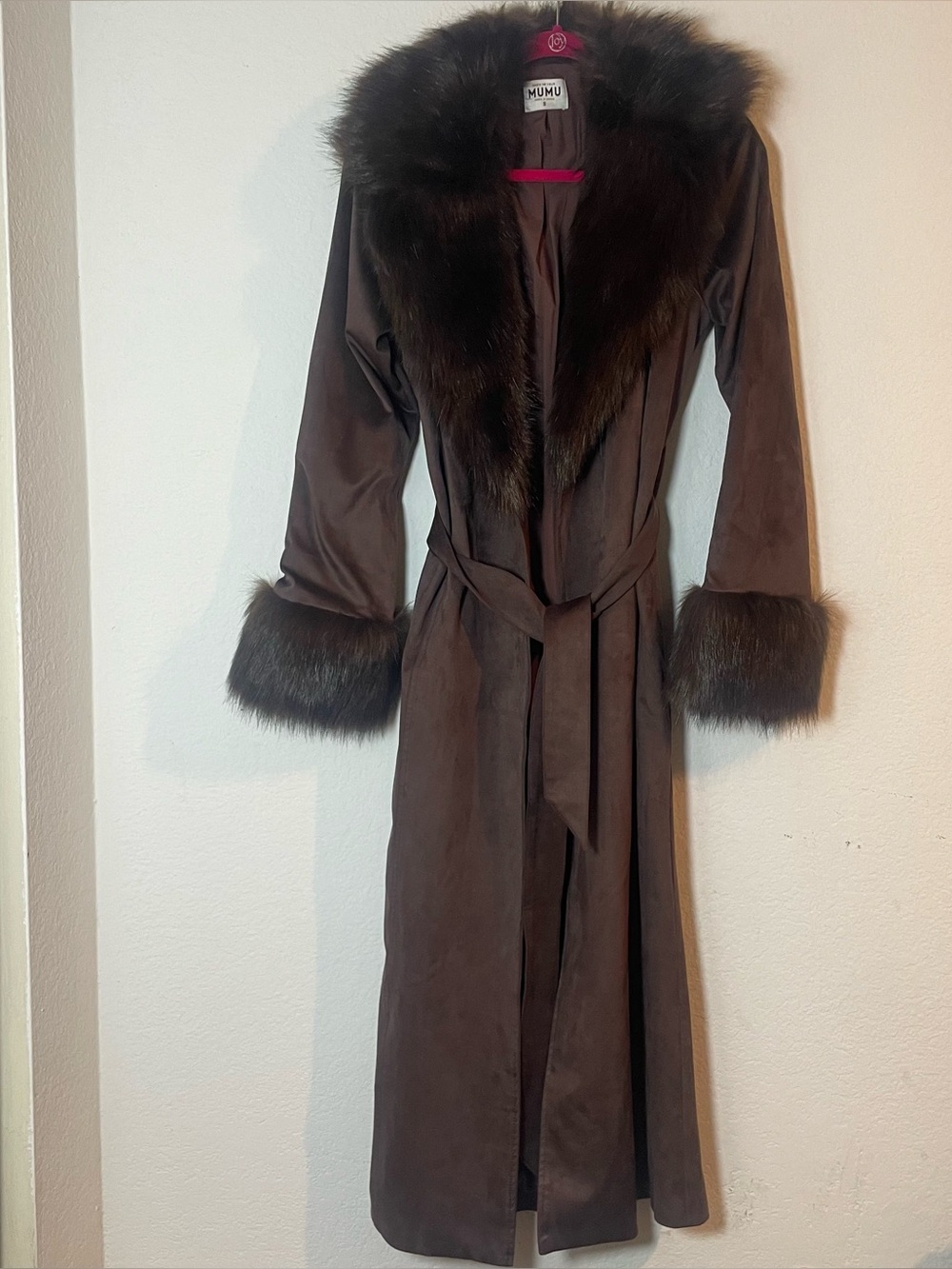 Show Me Your Mumu Penny Lane Long Coat Cocoa Faux Suede Faux Fur Belted Small